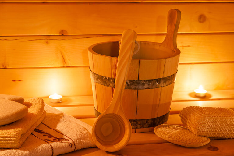 interior of a sauna and sauna accessories